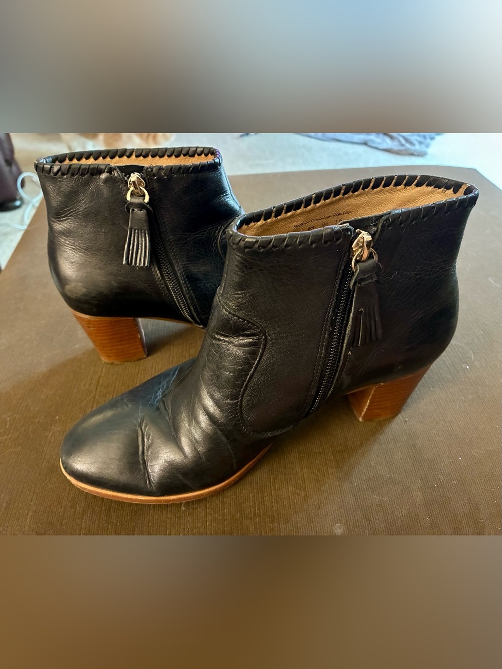 Jack Rogers "Kyle" Black Leather Ankle Boots Tassel Zip Whipstitch Block Heel 8M